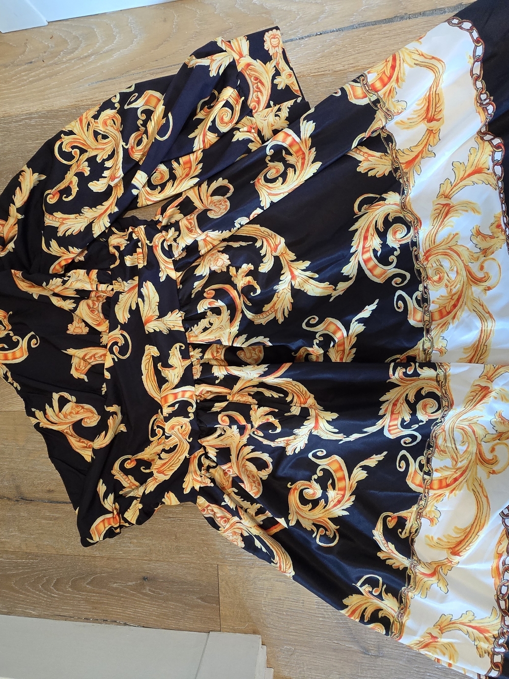 Asymmetrical Black and Gold Baroque Print Dress